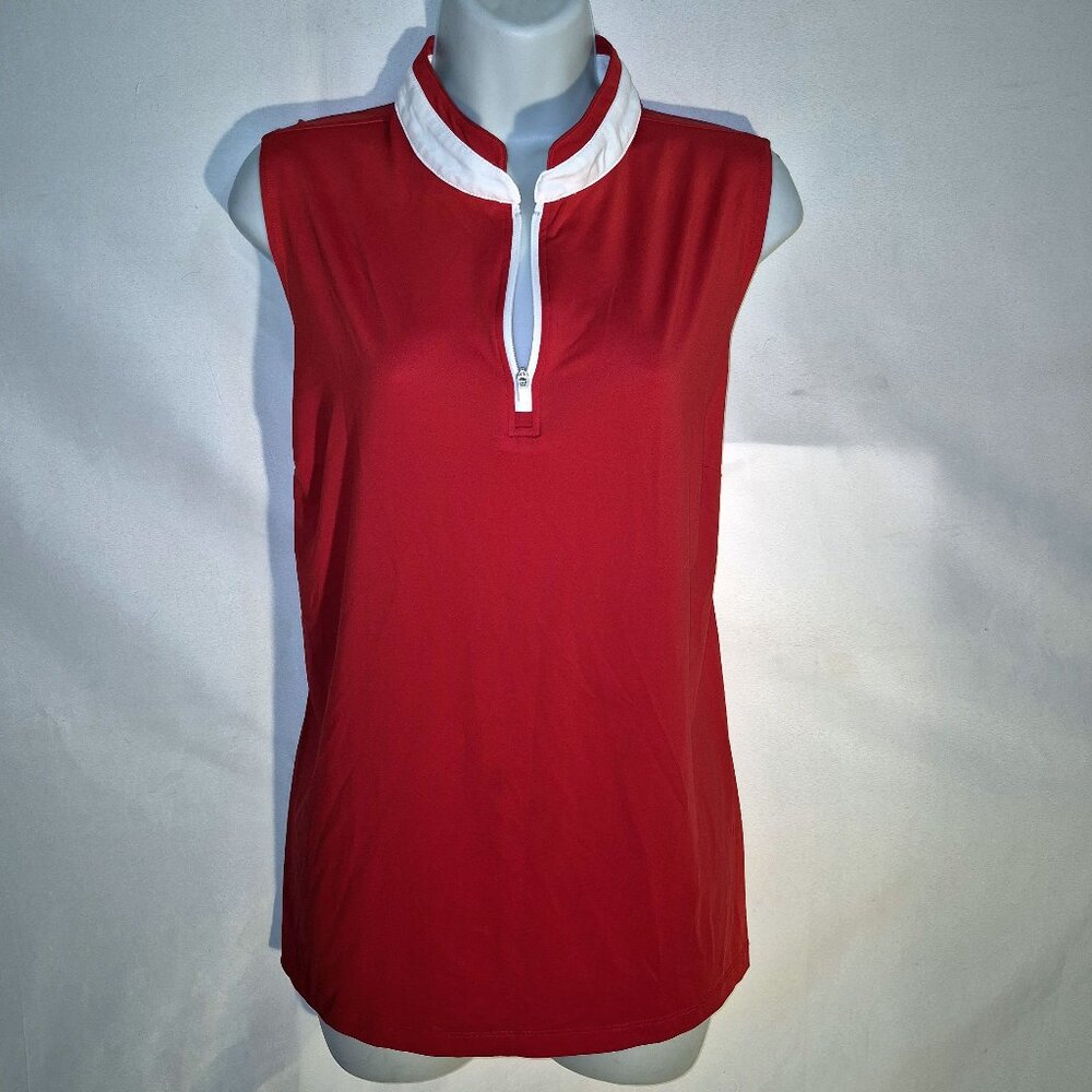 LADY HAGEN sleeveless athletic top with zippered bust, Red and white, size XL